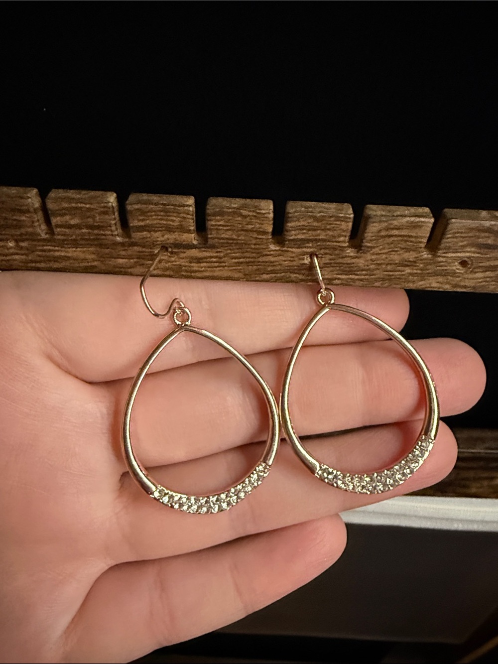 Gold Teardrop Hoop Earrings with Crystal Accent - Women Jewelry